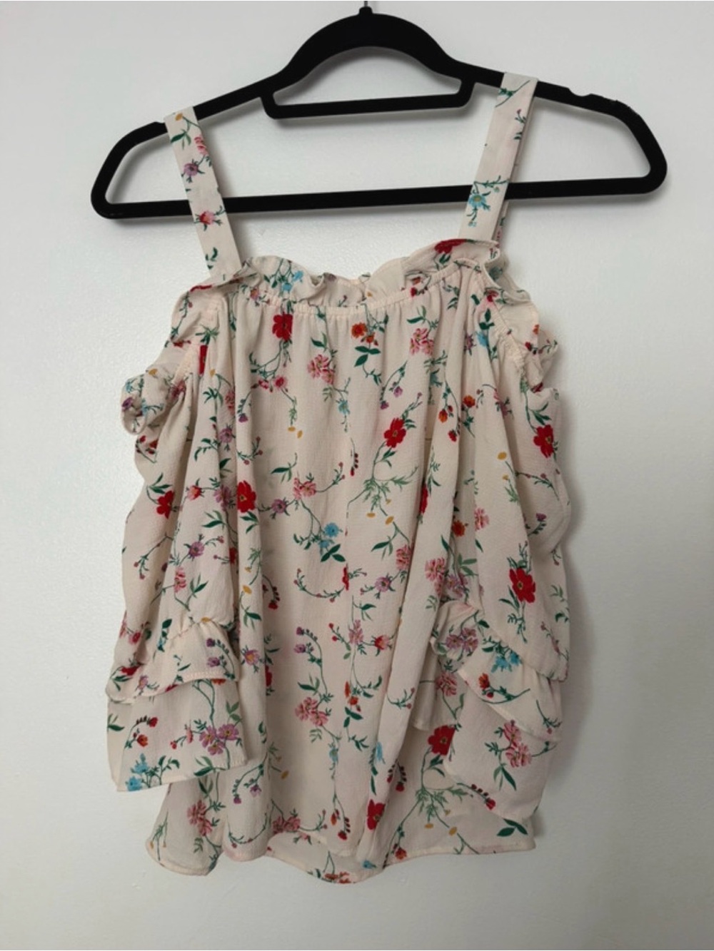 Cream Floral Ruffle Cold-Shoulder Blouse